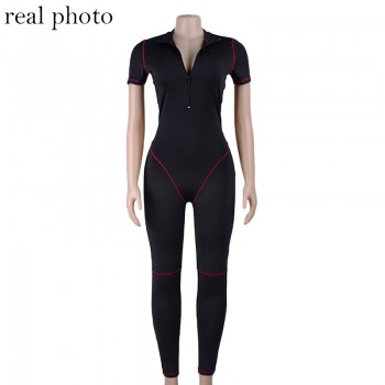 Simenual Fitness Sporty Active Wear Rompers Womens Jumpsuit Zipper Patchwork Casual Workout Short Sleeve Bodysuits Fashion 2019